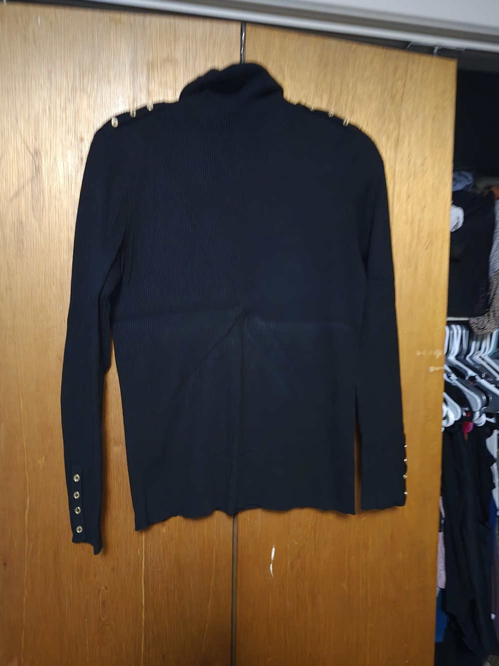 Calvin Klein Black Turtleneck Sweater with Gold Button Accents